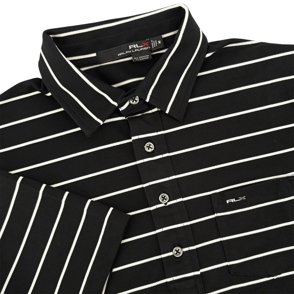 RLX Ralph Lauren Mens Black White Stripe Golf Polo Shirt Pine Valley Crest Sz M